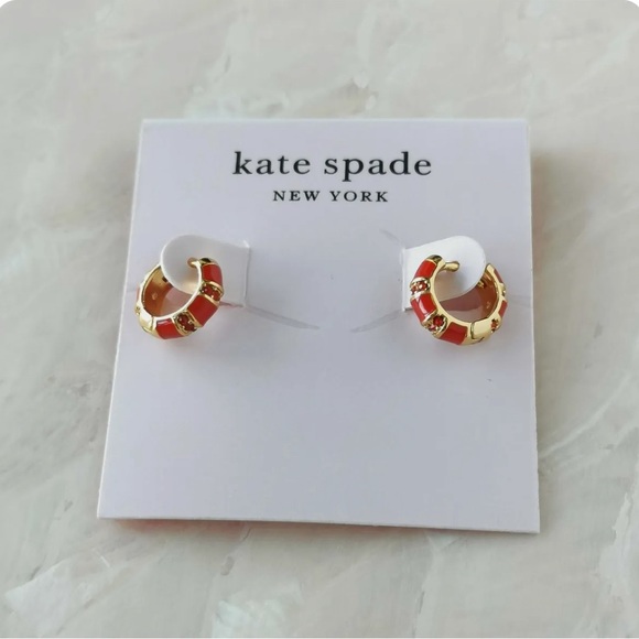 New Kate Spade "Rare Form" Striped Red & Gold Huggie Earrings - Picture 1 of 4